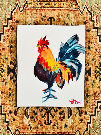 Spotted Rooster Crowing Art | Original Gouache Painting by Erika Lamar Buentello