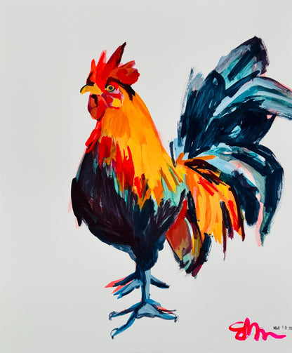 Spotted Rooster Crowing Art | Original Gouache Painting by Erika Lamar Buentello