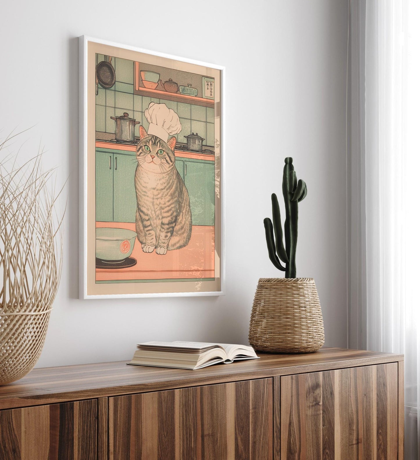 Ukiyo-e Cat Chef Print: Japanese Kitchen Art, Tabby Cat Lover Gift