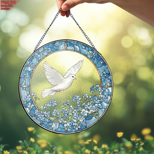 Dove and Forget Me Not Flowers Stained Glass Suncatcher, Dove and Forget Me Not Window Hanging, Elegant Home Décor, Peaceful Memorial Gift