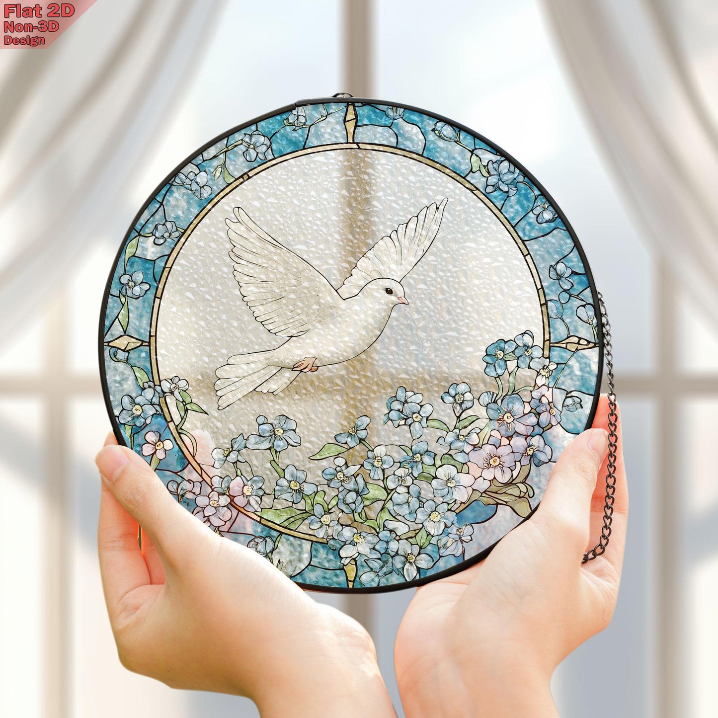 Dove and Forget Me Not Flowers Stained Glass Suncatcher, Dove and Forget Me Not Window Hanging, Elegant Home Décor, Peaceful Memorial Gift