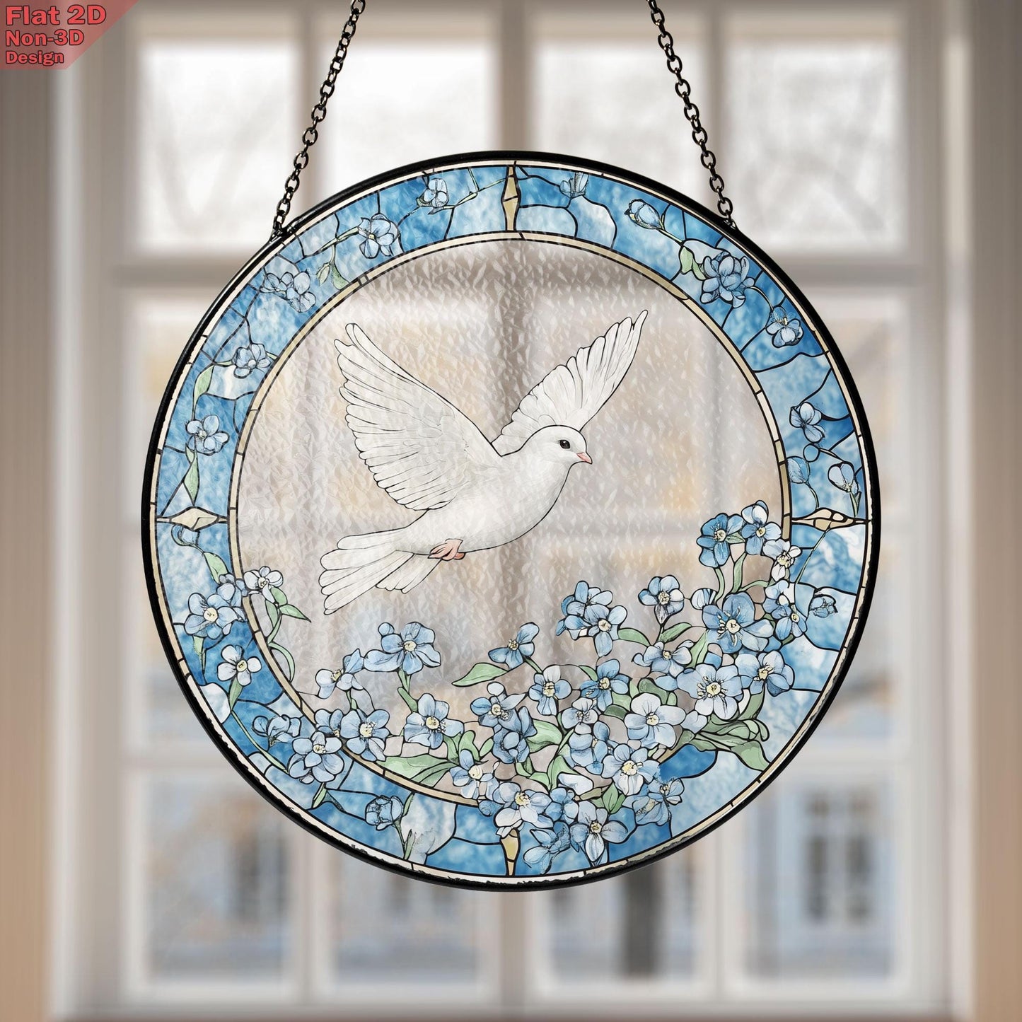 Dove and Forget Me Not Flowers Stained Glass Suncatcher, Dove and Forget Me Not Window Hanging, Elegant Home Décor, Peaceful Memorial Gift