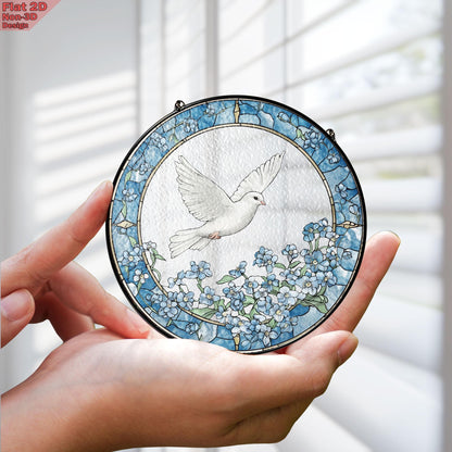 Dove and Forget Me Not Flowers Stained Glass Suncatcher, Dove and Forget Me Not Window Hanging, Elegant Home Décor, Peaceful Memorial Gift