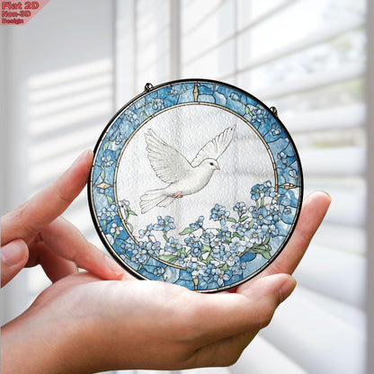 Dove and Forget Me Not Flowers Stained Glass Suncatcher, Dove and Forget Me Not Window Hanging, Elegant Home Décor, Peaceful Memorial Gift