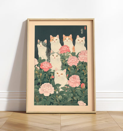 Cats in Flowers Print: Vintage Japanese Ukiyo-e Art