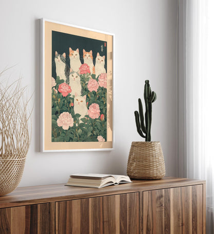 Cats in Flowers Print: Vintage Japanese Ukiyo-e Art