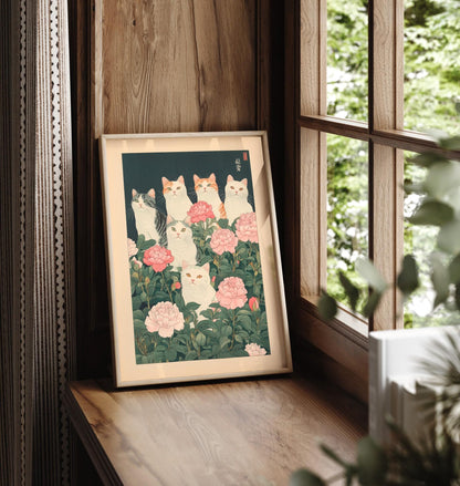 Cats in Flowers Print: Vintage Japanese Ukiyo-e Art
