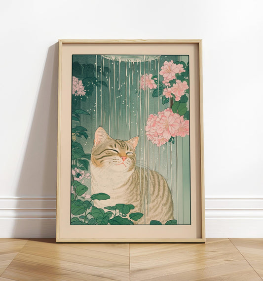 Tabby Cat Shower Print: Ukiyo-e Botanical Bathroom Wall Art