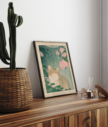 Tabby Cat Shower Print: Ukiyo-e Botanical Bathroom Wall Art