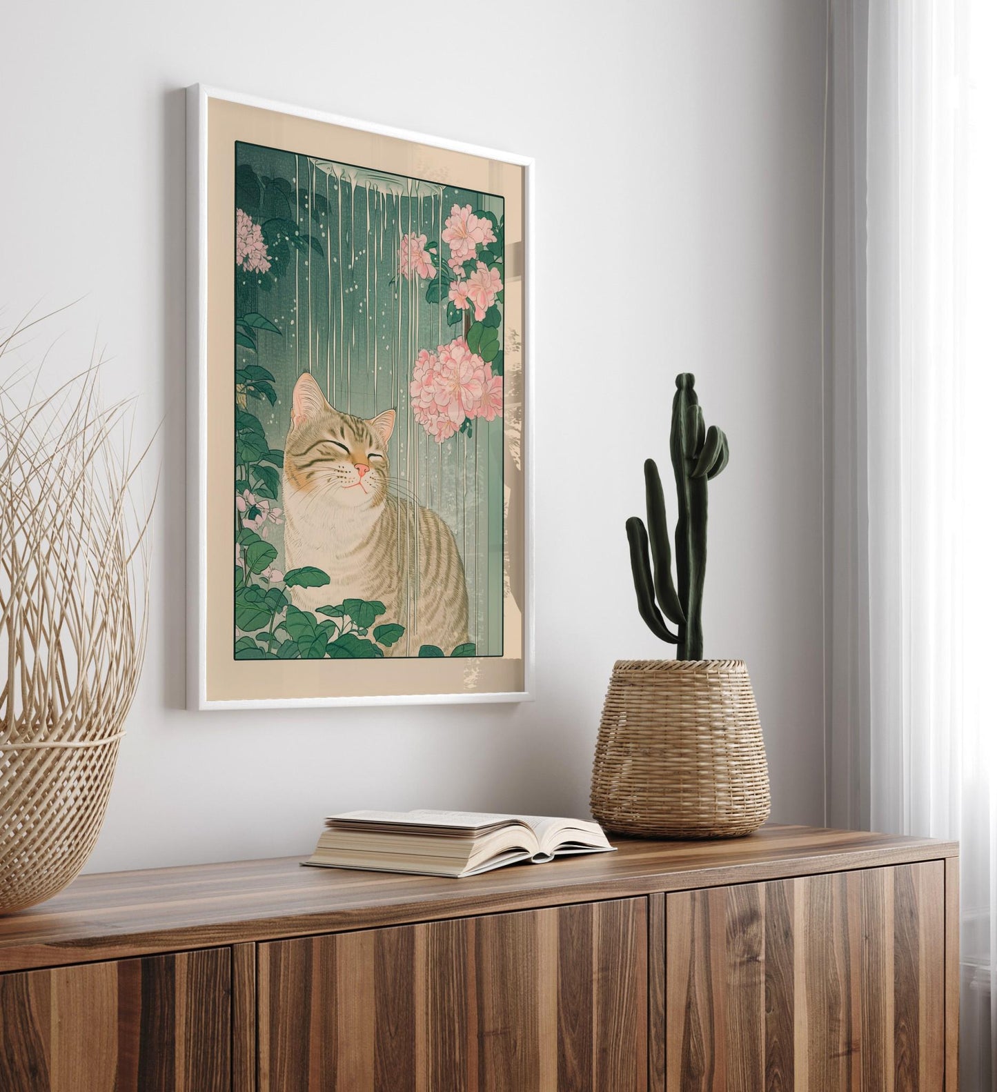 Tabby Cat Shower Print: Ukiyo-e Botanical Bathroom Wall Art