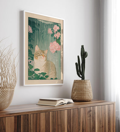 Tabby Cat Shower Print: Ukiyo-e Botanical Bathroom Wall Art