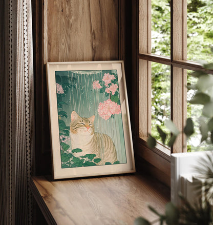 Tabby Cat Shower Print: Ukiyo-e Botanical Bathroom Wall Art