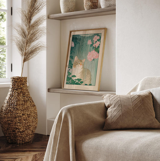 Tabby Cat Shower Print: Ukiyo-e Botanical Bathroom Wall Art