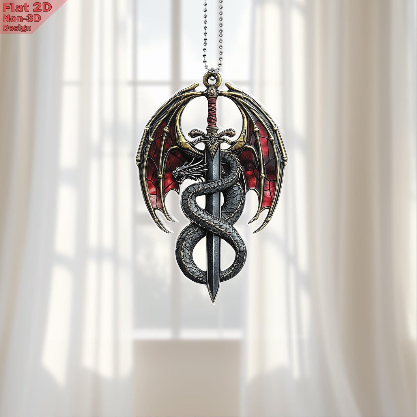 Dragon Sword Window Hanging, Acrylic 2D Flat, Medieval Car Charm, Fantasy Car Decor, Gothic Style Ornament, Free Custom Keychain