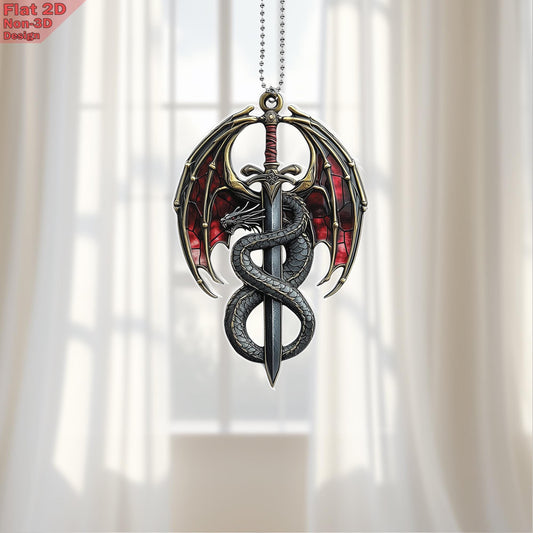 Dragon Sword Window Hanging, Acrylic 2D Flat, Medieval Car Charm, Fantasy Car Decor, Gothic Style Ornament, Free Custom Keychain