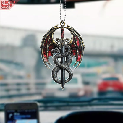 Dragon Sword Window Hanging, Acrylic 2D Flat, Medieval Car Charm, Fantasy Car Decor, Gothic Style Ornament, Free Custom Keychain