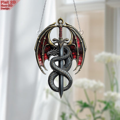 Dragon Sword Window Hanging, Acrylic 2D Flat, Medieval Car Charm, Fantasy Car Decor, Gothic Style Ornament, Free Custom Keychain