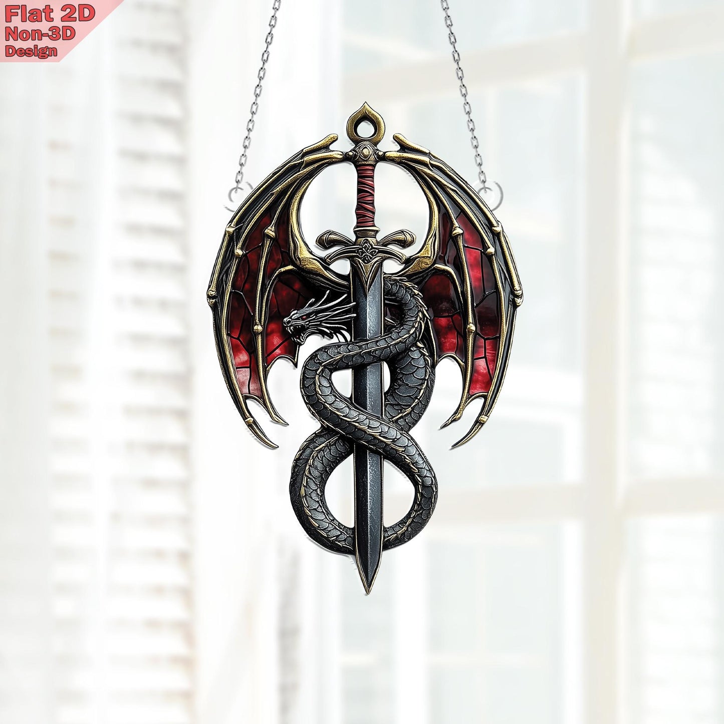 Dragon Sword Window Hanging, Acrylic 2D Flat, Medieval Car Charm, Fantasy Car Decor, Gothic Style Ornament, Free Custom Keychain