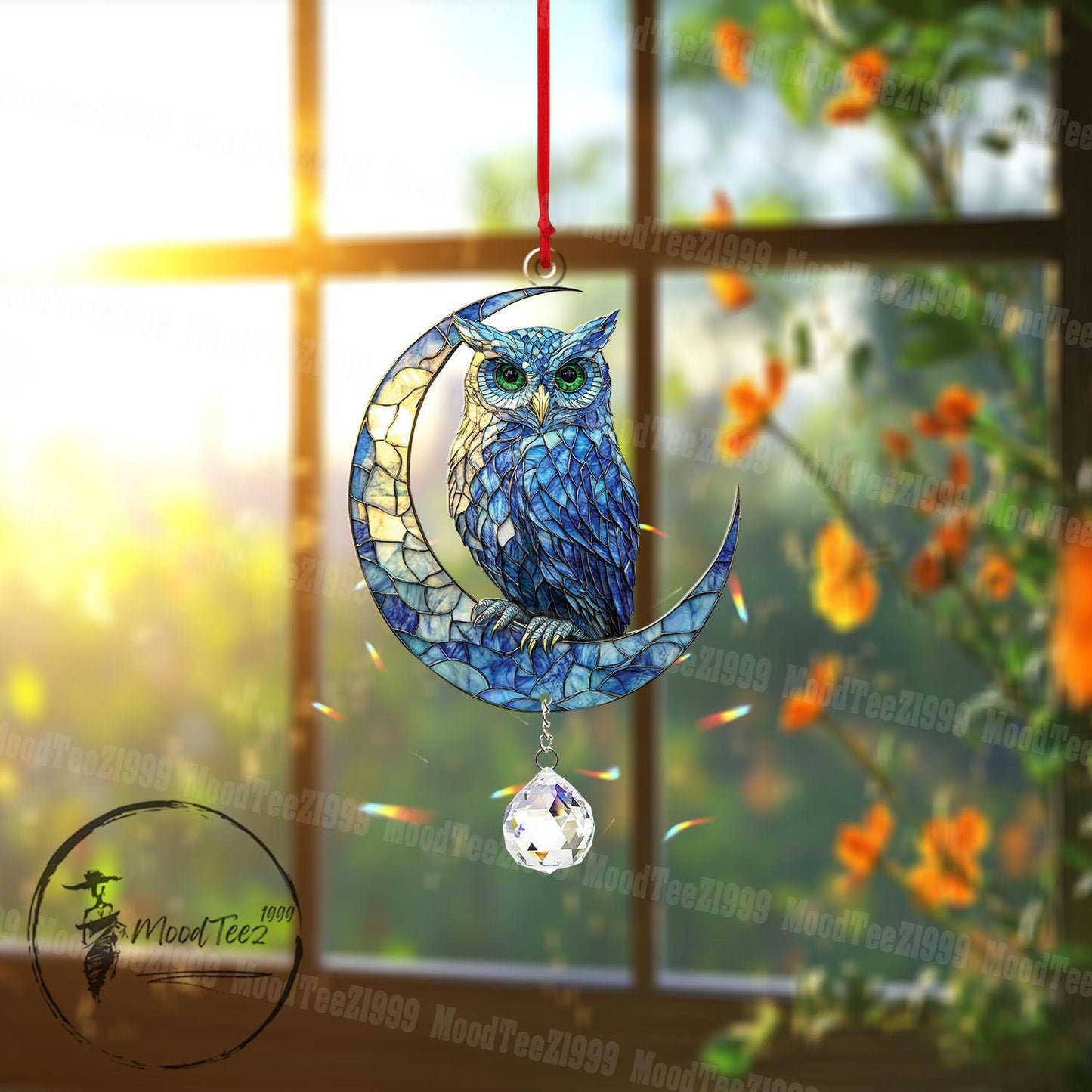 Owl on Crescent Moon Window Hanging with Crystal Charm, Acrylic Home Decor, Handmade Art, Gift for Owl Lovers