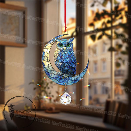 Owl on Crescent Moon Window Hanging with Crystal Charm, Acrylic Home Decor, Handmade Art, Gift for Owl Lovers