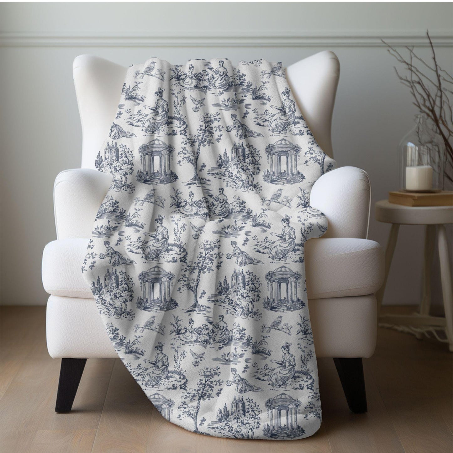 Chinoiserie Blanket Toile De Jouy Home Decor Blue White Toile Fleece Throw Blanket French Country Lap Blanket Chinoiserie Nursery Decor