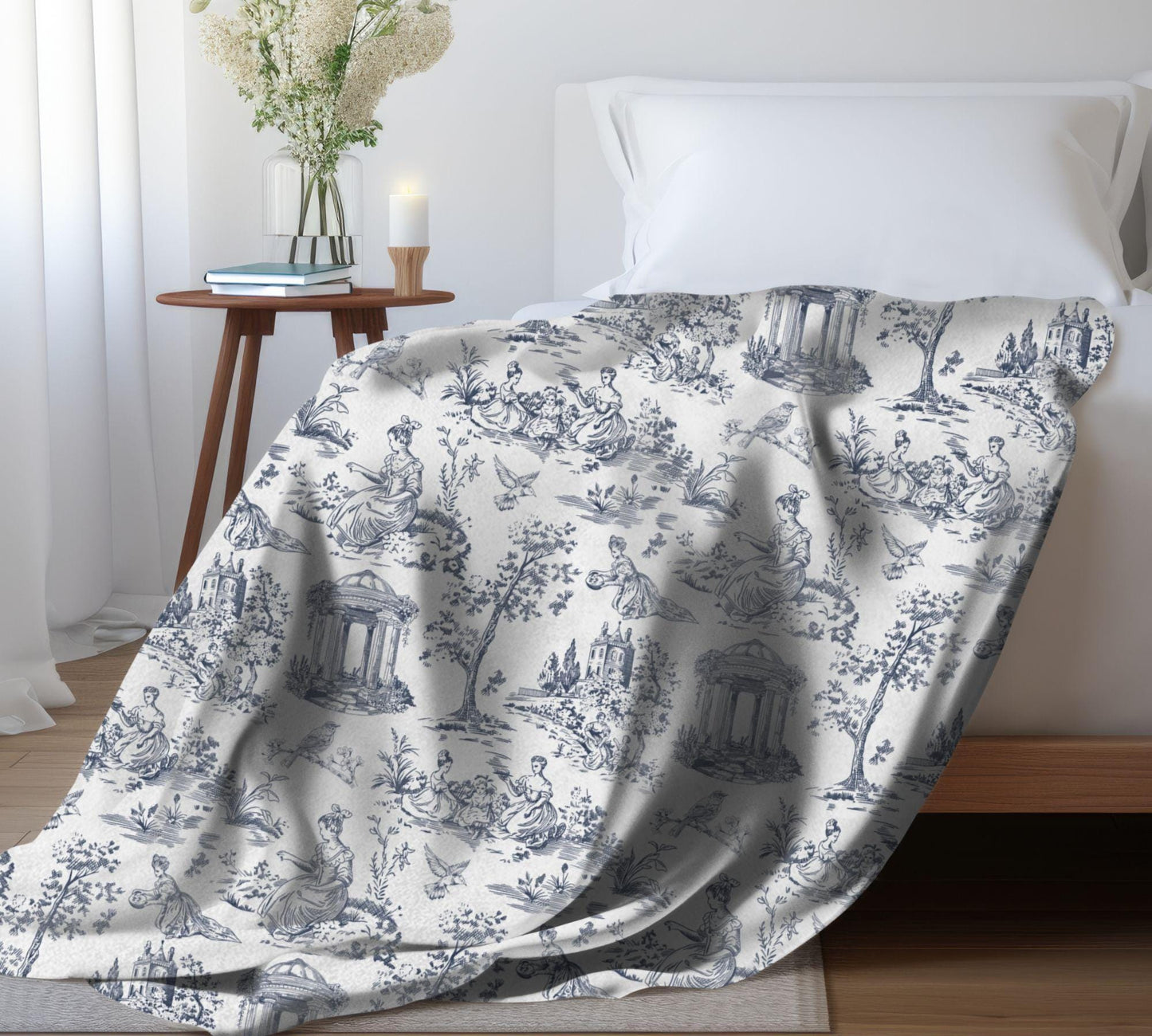 Chinoiserie Blanket Toile De Jouy Home Decor Blue White Toile Fleece Throw Blanket French Country Lap Blanket Chinoiserie Nursery Decor