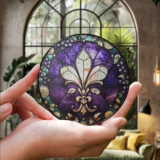 Fleur-de-Lis Stained Glass Suncatcher, Purple Floral Ornament, Vintage Style Window Hanging, Elegant Home Decor, Memorial Gift