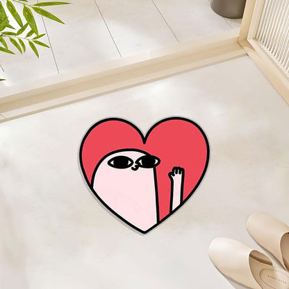 Quirky Cool Heart-Shaped Rug – Playful Cartoon Character Waving with a Fun and Whimsical Design Polyester Rug