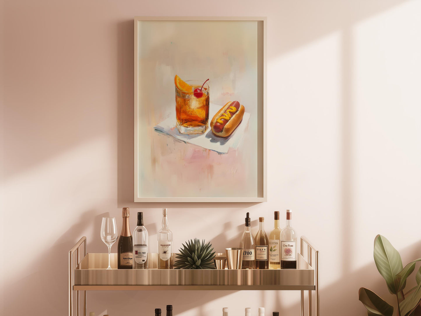 Old Fashioned with Hotdog Art Print | Cute Quirky Whimsical | Cocktail Art | Bar Cart Decor | Trendy Home Wall Art Gift | Funny Food Art