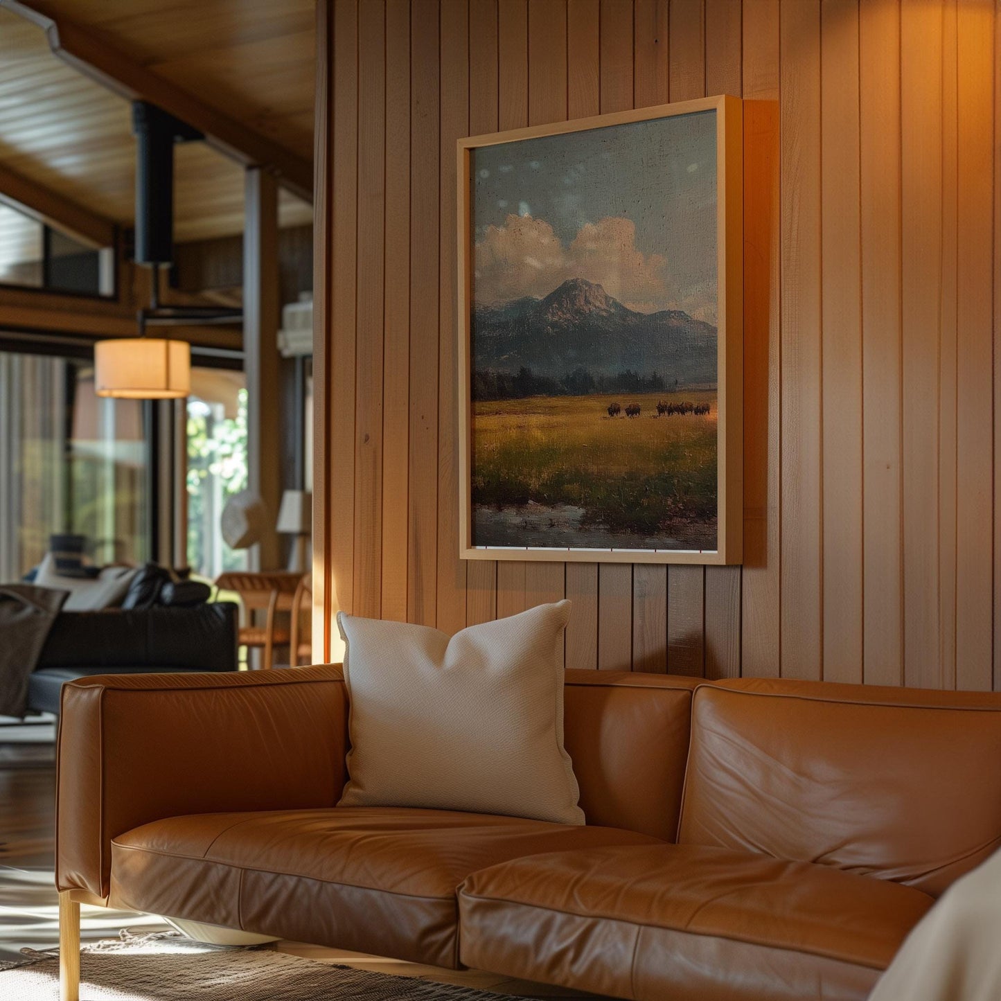 Bison Grazing in a Field Vintage Oil Painting Print Rustic Antique Retro Buffalo Print Rocky Mountain Poster Western Cabin Cottage Wall Art