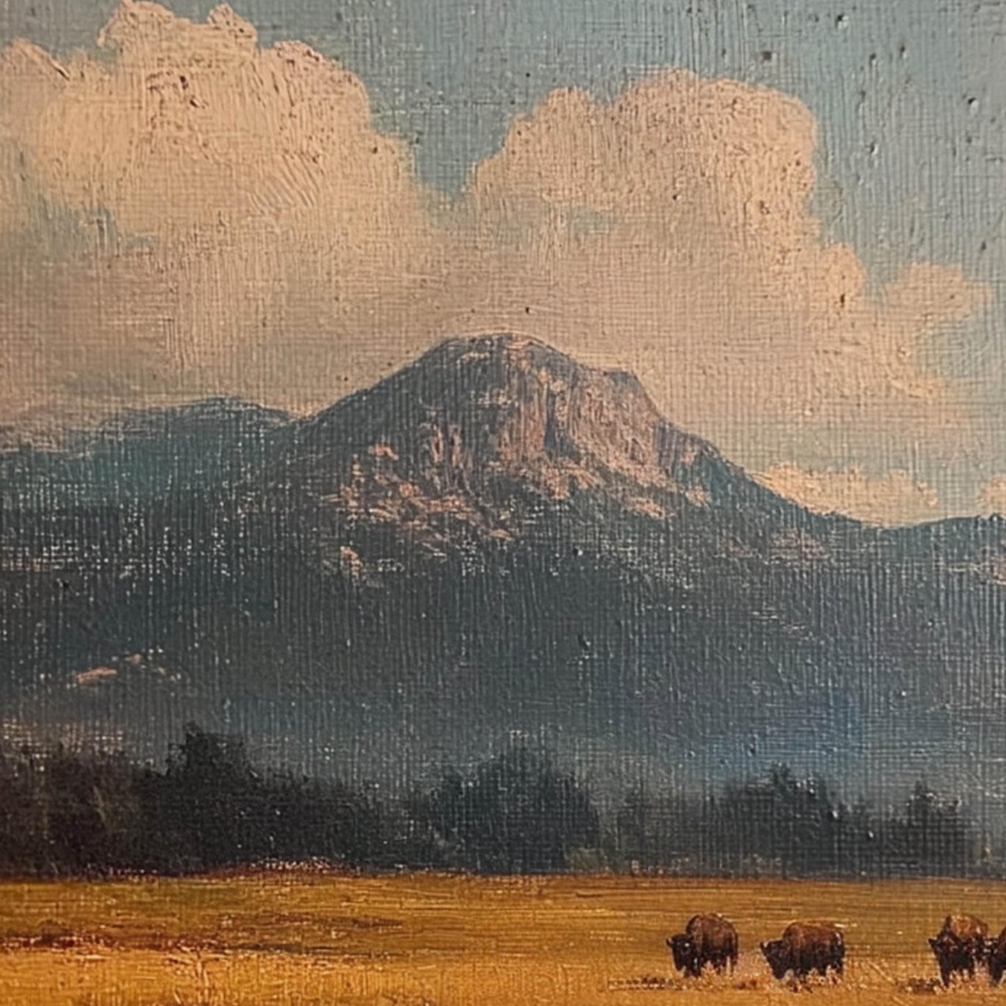 Bison Grazing in a Field Vintage Oil Painting Print Rustic Antique Retro Buffalo Print Rocky Mountain Poster Western Cabin Cottage Wall Art