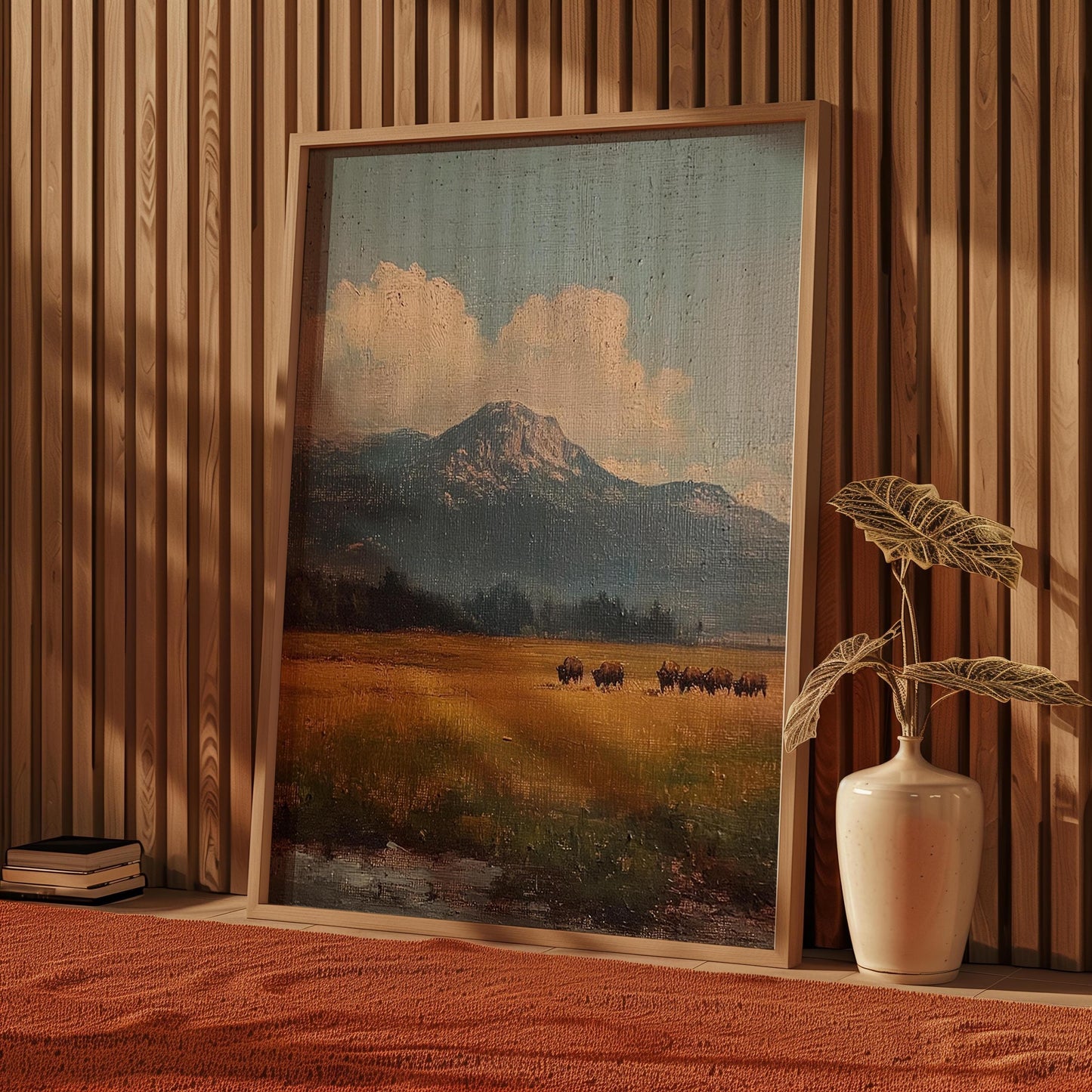 Bison Grazing in a Field Vintage Oil Painting Print Rustic Antique Retro Buffalo Print Rocky Mountain Poster Western Cabin Cottage Wall Art