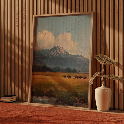 Bison Grazing in a Field Vintage Oil Painting Print Rustic Antique Retro Buffalo Print Rocky Mountain Poster Western Cabin Cottage Wall Art