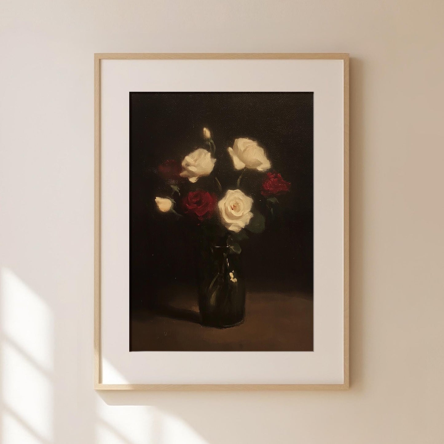 Vase of Roses Vintage Oil Painting Print Neutral French Styled Floral Bouquet Print Dark Gothic Botanical Illustration Farmhouse Chic Poster