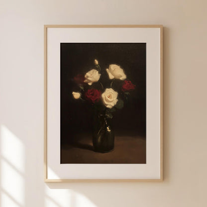 Vase of Roses Vintage Oil Painting Print Neutral French Styled Floral Bouquet Print Dark Gothic Botanical Illustration Farmhouse Chic Poster
