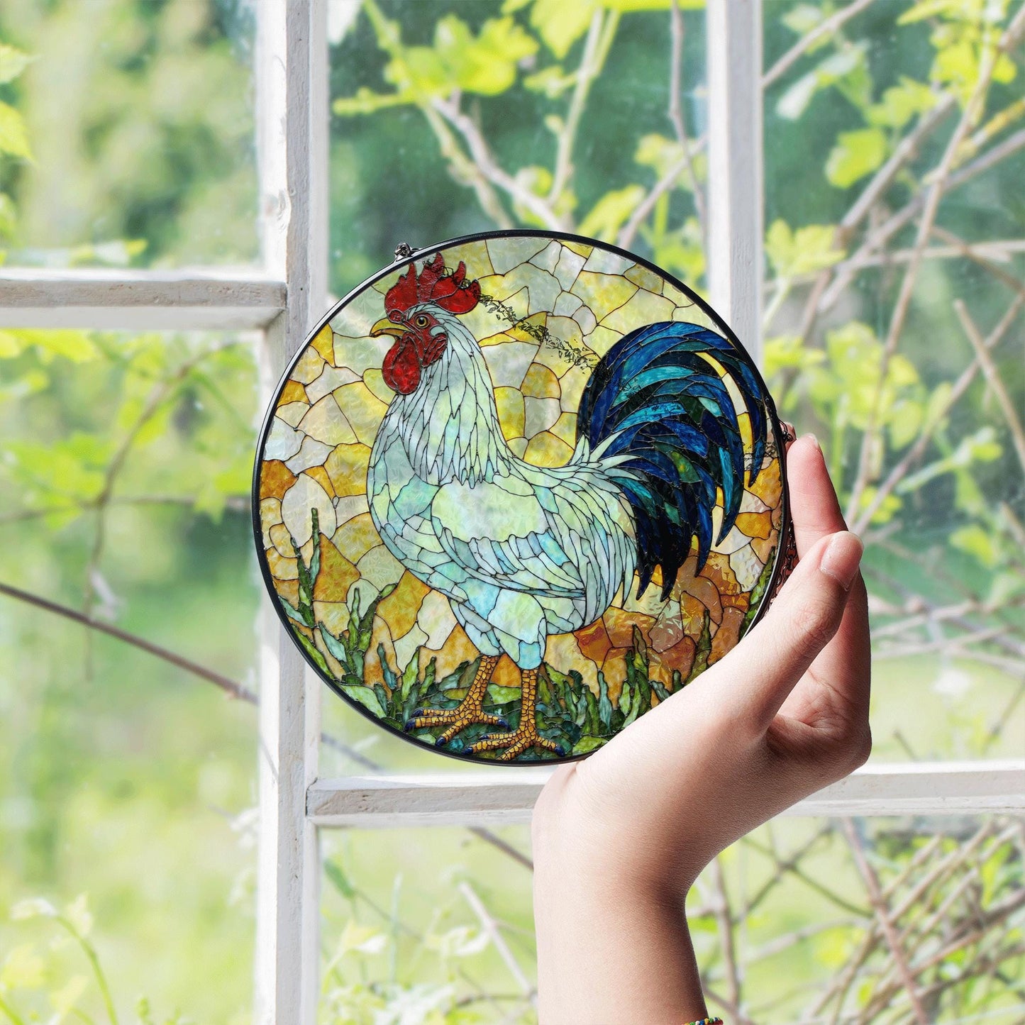 Stained Glass Rooster Suncatcher Handcrafted Colorful Window Art Gift for Bird Lovers