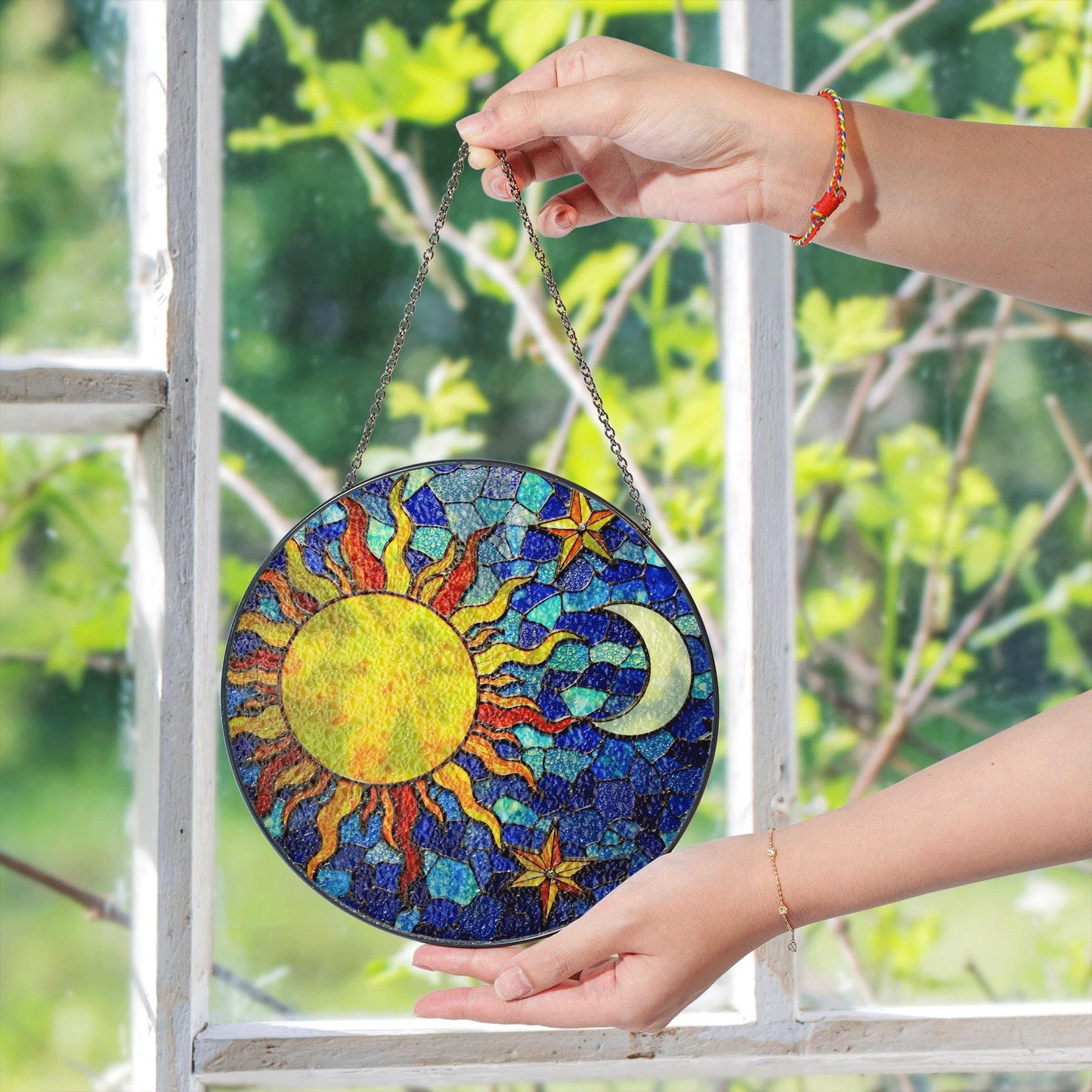 Sun and Moon Stained Glass Suncatcher in Blue and Yellow for Home Decor Gift