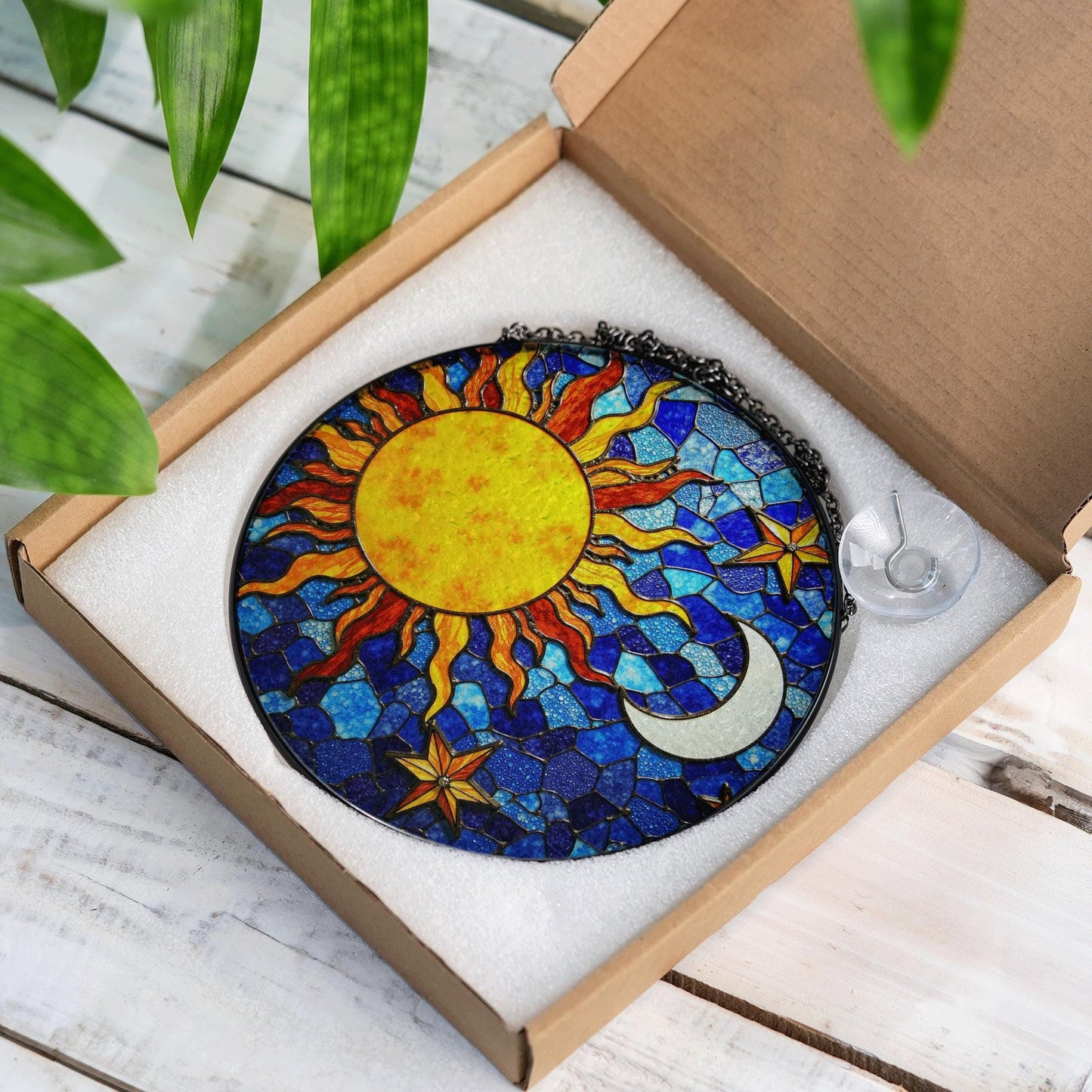 Sun and Moon Stained Glass Suncatcher in Blue and Yellow for Home Decor Gift