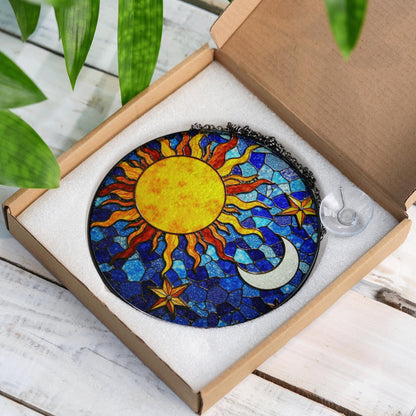 Sun and Moon Stained Glass Suncatcher in Blue and Yellow for Home Decor Gift