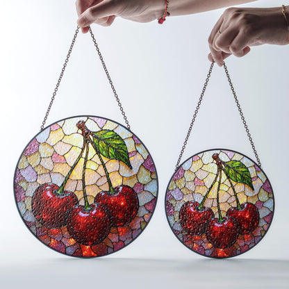 Stained Glass Cherry Suncatcher with Red Cherries and Leaf for Window Decoration Gift