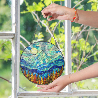 Mountain Sunrise Stained Glass Suncatcher Vibrant Blue Sky Autumn Trees Handcrafted Gift for Nature Lovers