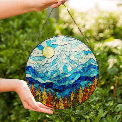 Mountain Sunrise Stained Glass Suncatcher Vibrant Blue Sky Autumn Trees Handcrafted Gift for Nature Lovers