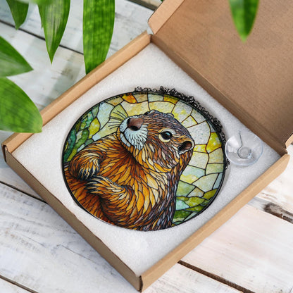 Stained Glass Groundhog Suncatcher Handmade Nature Window Decor Gift