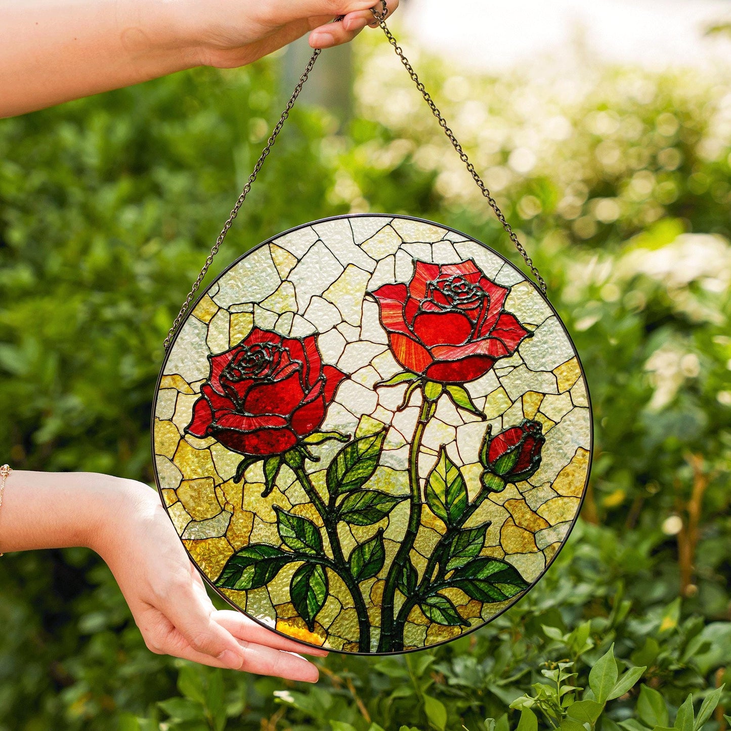 Red Rose Stained Glass Suncatcher – Handmade Floral Window Decor – Gift for Garden Lovers, Moms, or Romantic Occasions