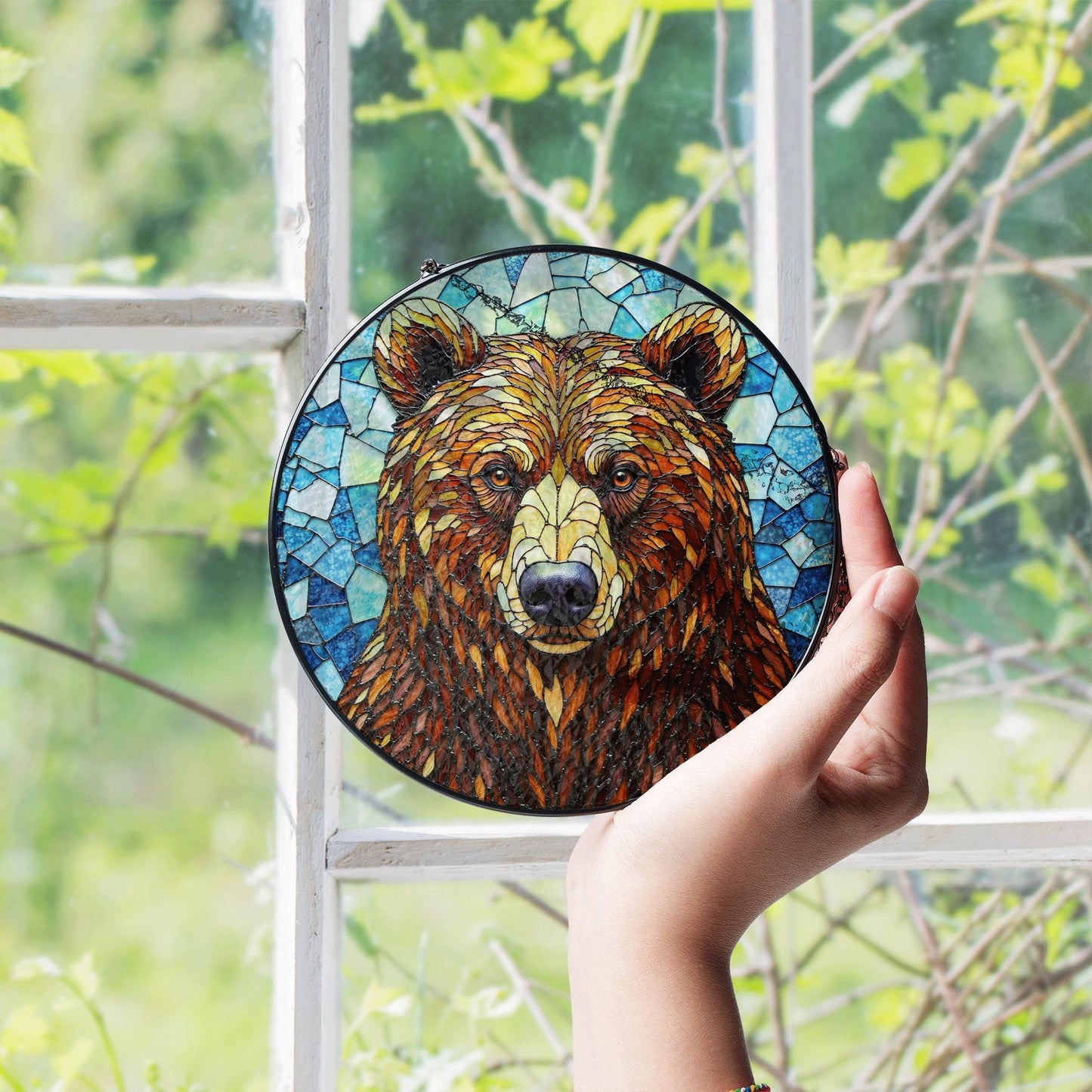 Stained Glass Bear Suncatcher – Nature Window Art for Cabin Decor or Wildlife Lovers Gift