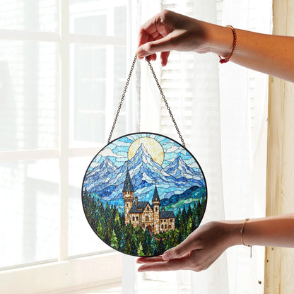 Enchanted Castle Mountain Suncatcher – Fairytale Stained Glass Window Decor – Magical Gift for Fantasy Lovers