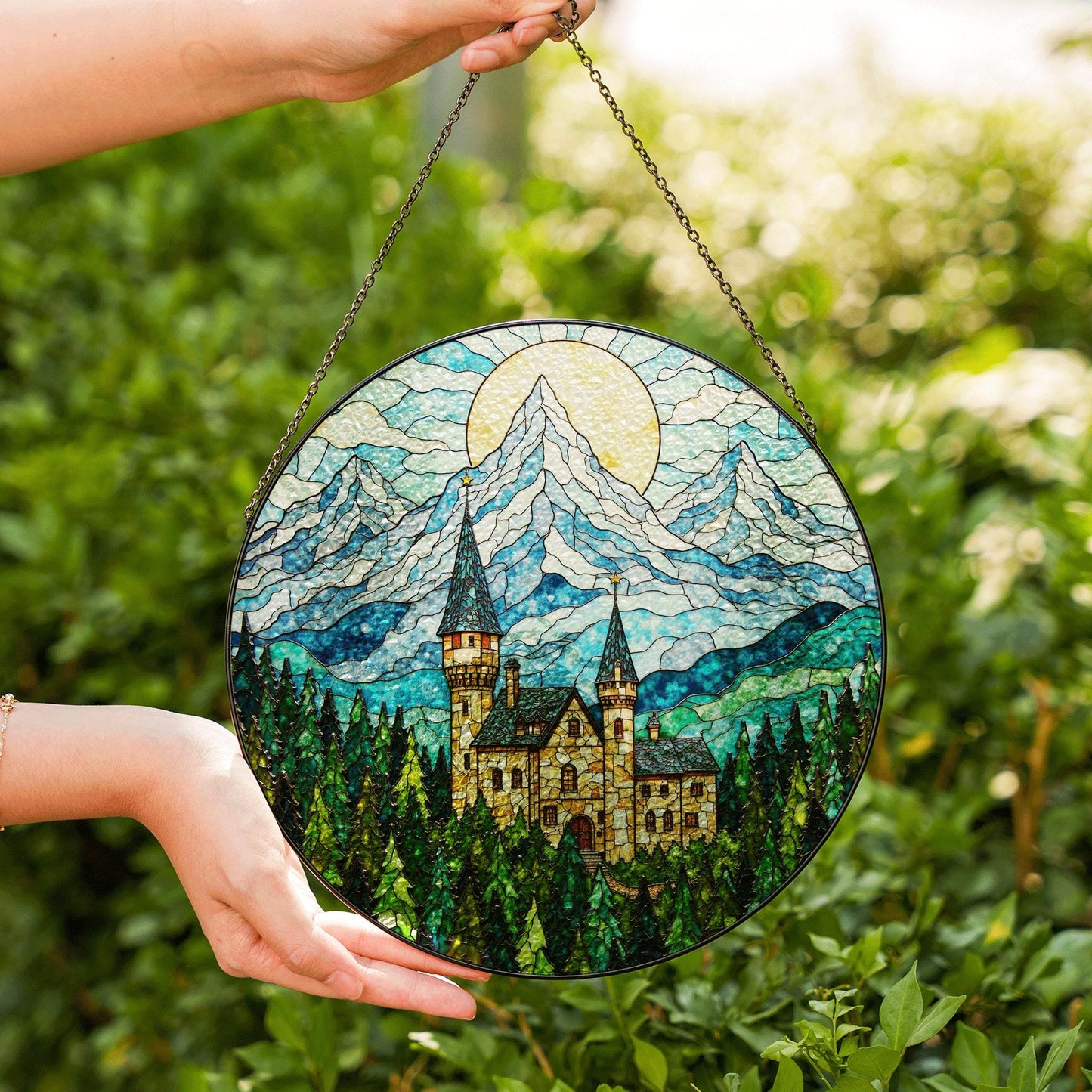 Enchanted Castle Mountain Suncatcher – Fairytale Stained Glass Window Decor – Magical Gift for Fantasy Lovers