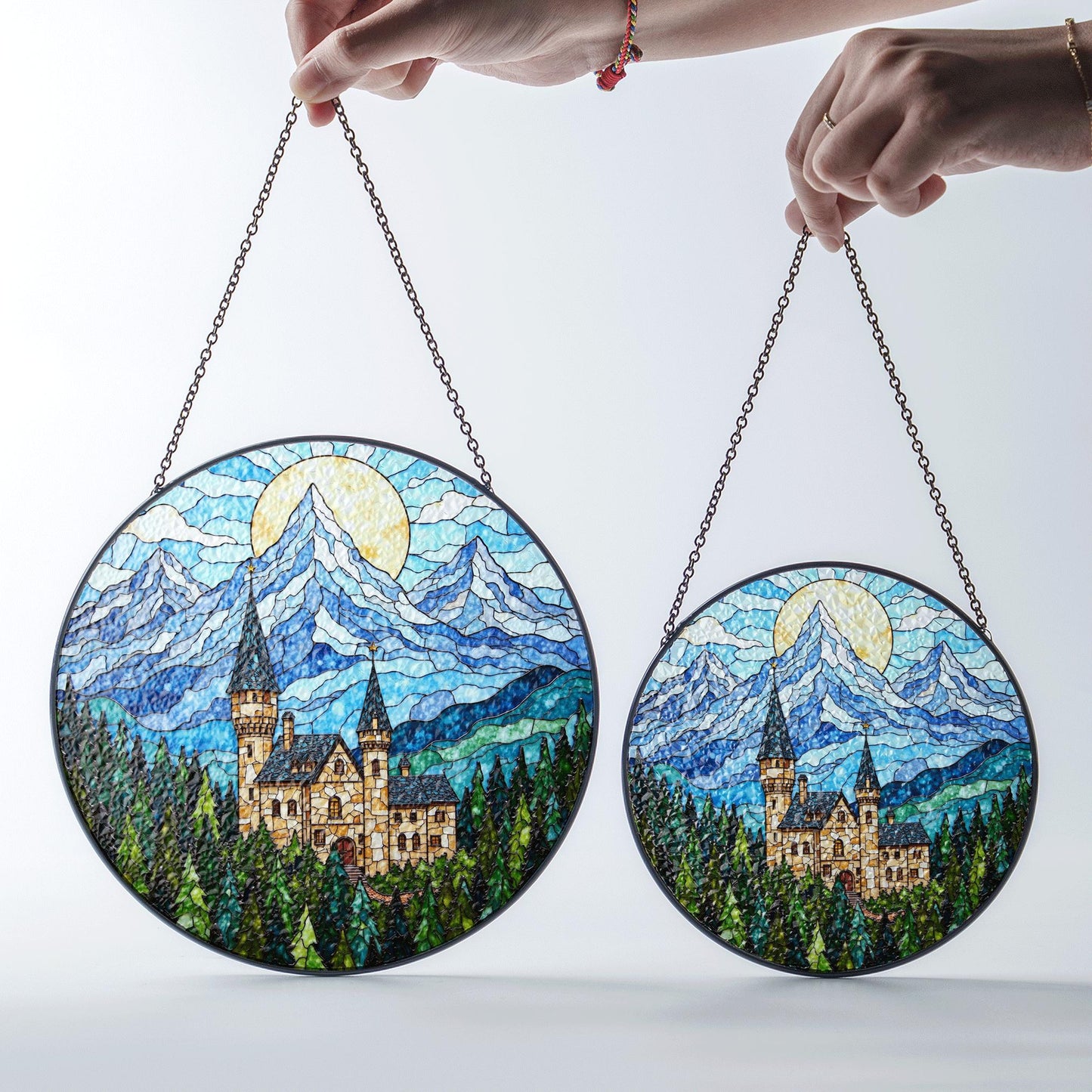 Enchanted Castle Mountain Suncatcher – Fairytale Stained Glass Window Decor – Magical Gift for Fantasy Lovers