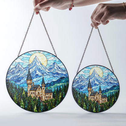 Enchanted Castle Mountain Suncatcher – Fairytale Stained Glass Window Decor – Magical Gift for Fantasy Lovers