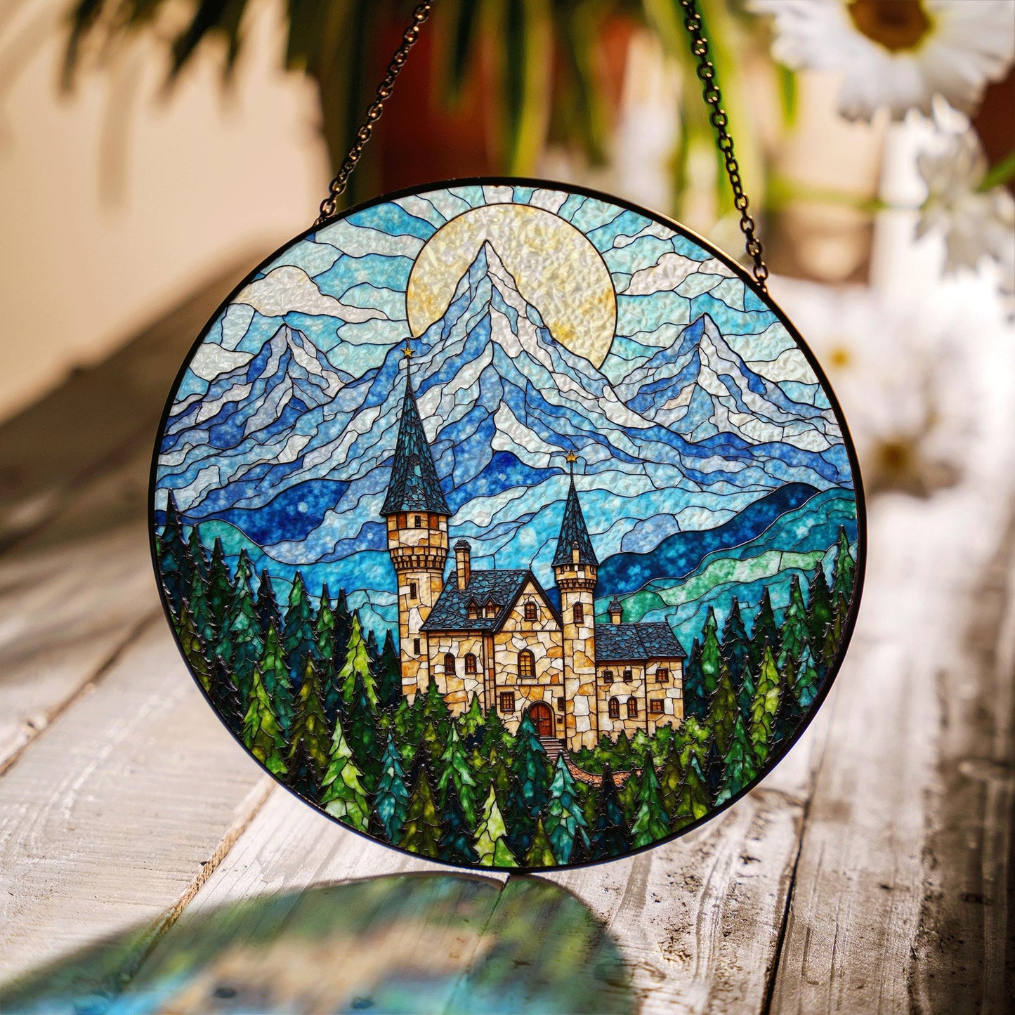 Enchanted Castle Mountain Suncatcher – Fairytale Stained Glass Window Decor – Magical Gift for Fantasy Lovers